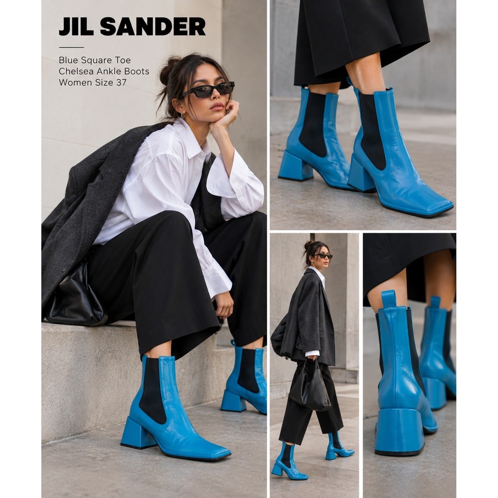 Jil‎ Sander Ankle Boots 37 Blue Square Toe Chelsea Block Heel Designer Fashion